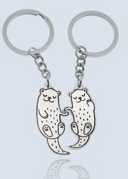 Otters Holding Hands Stainless Steel Matching Keychain Set