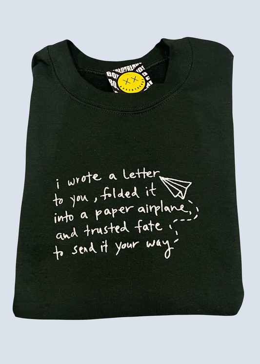 Paper Airplane Letter Forest Green Embroidered Sweatshirt