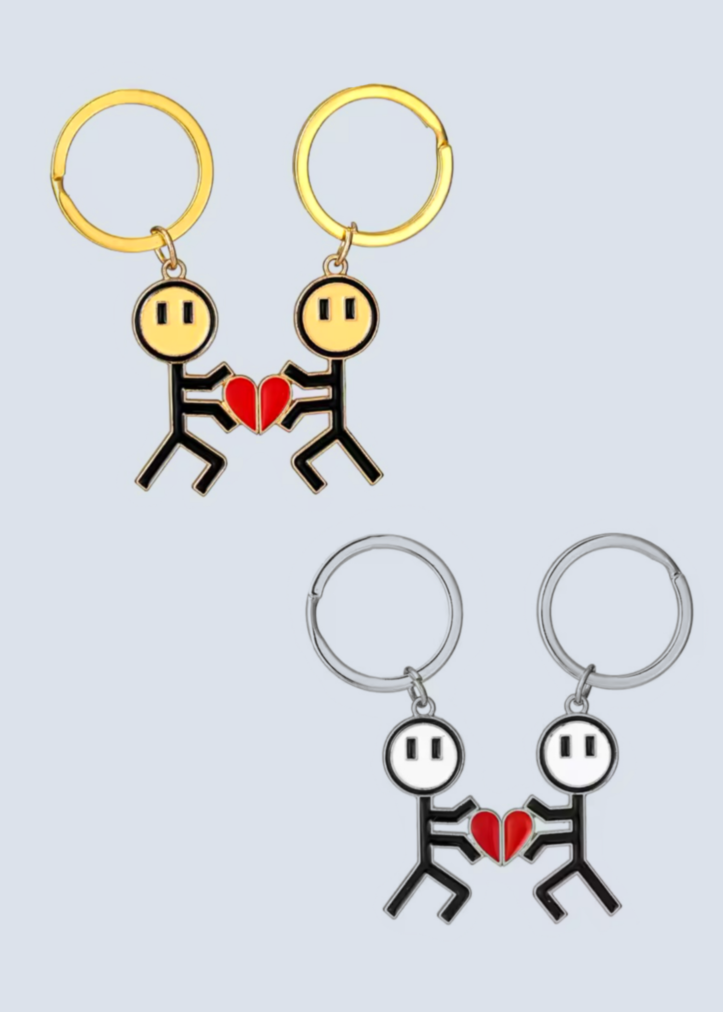 Magnetic Stick Figure Pixel Heart Matching Gold and Silver Keychains