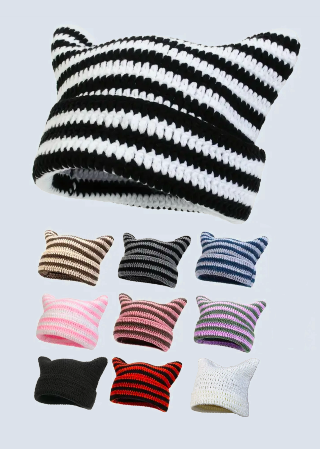 Crochet Cat Ear Striped Beanie Hat