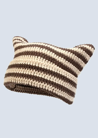 Crochet Cat Ear Striped Beanie Hat