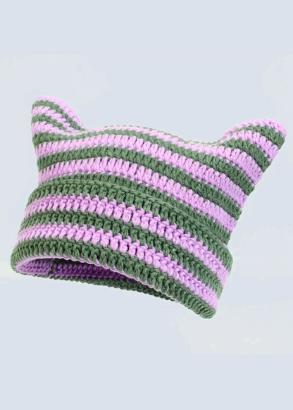 Crochet Cat Ear Striped Beanie Hat