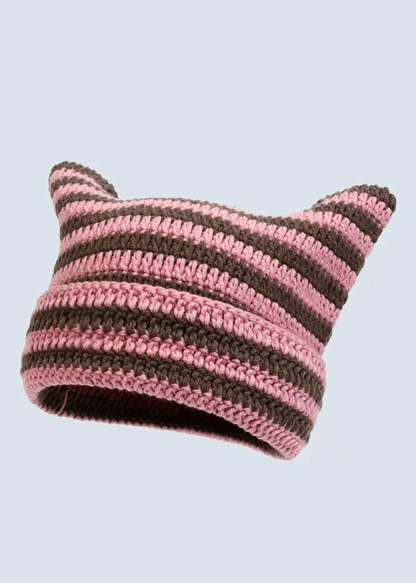 Crochet Cat Ear Striped Beanie Hat