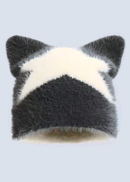 Fuzzy Star Y2k Cat Ear Striped Beanie Hat