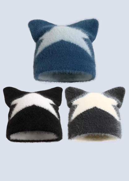 Fuzzy Star Y2k Cat Ear Striped Beanie Hat